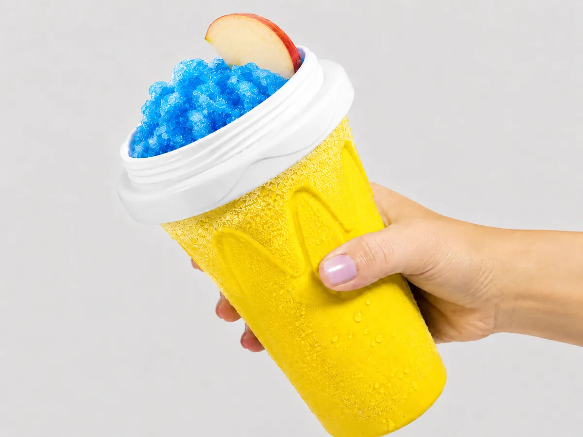 Yellow Pocket Slushy cup with apple garnish