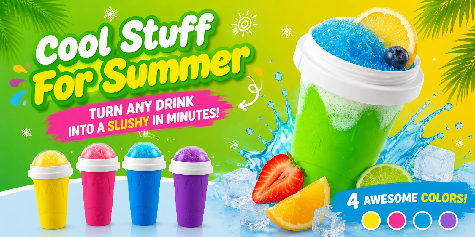Cool Stuff For Summer banner showing Pocket Slushy in 4 awesome colors
