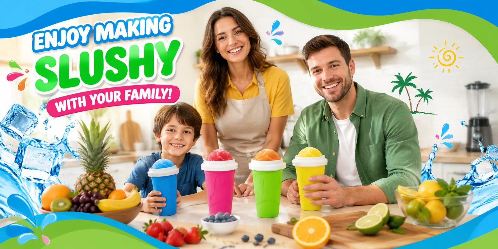 Family in a kitchen enjoying Pocket Slushy cups in blue, pink, green and yellow